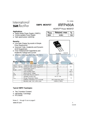 IRFP450A datasheet - Power MOSFET(Vdss=500V, Rds(on)max=0.40ohm, Id=14A)
