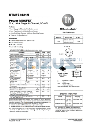 NTMFS4834NT3G datasheet - Power MOSFET 30 V, 130 A, Single N−Channel, SO−8FL