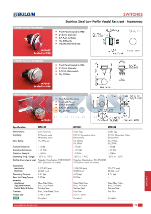 MP0037 datasheet - Stainless Steel Low Profile Vandal Resistant - Momentary