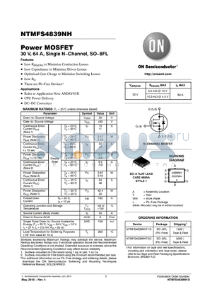 NTMFS4839NHT1G datasheet - Power MOSFET 30 V, 64 A, Single N−Channel, SO−8FL