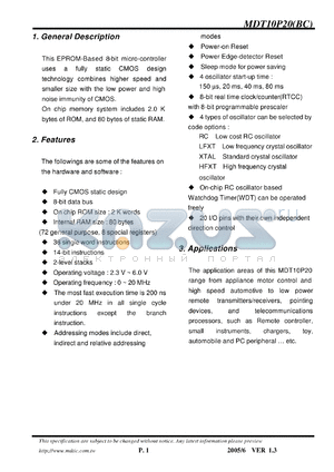 MDT10P20BC datasheet - 8-bit micro-controller