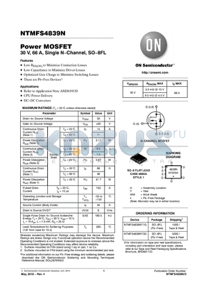 NTMFS4839NT3G datasheet - Power MOSFET 30 V, 66 A, Single N−Channel, SO−8FL