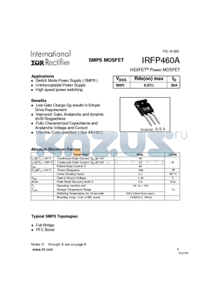 IRFP460A datasheet - Power MOSFET(Vdss=500V, Rds(on)max=0.27ohm, Id=20A)