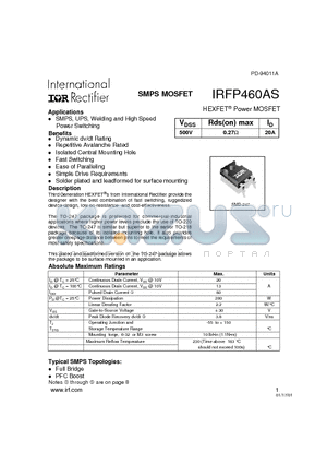 IRFP460AS datasheet - Power MOSFET(Vdss=500V, Rds(on)max=0.27ohm, Id=20A)