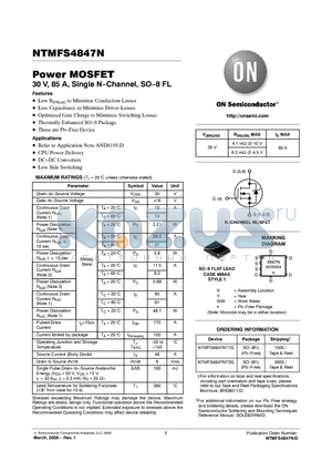 NTMFS4847NT3G datasheet - Power MOSFET 30 V, 85 A, Single N−Channel, SO−8 FL