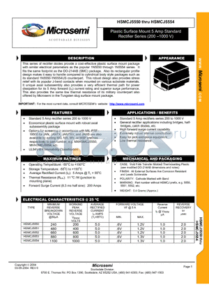 HSMCJ5552 datasheet - Plastic Surface Mount 5 Amp Standard Rectifier Series (200 -1000 V)