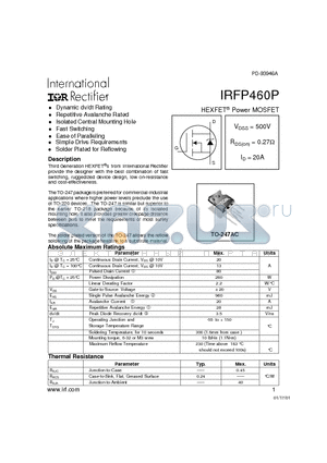 IRFP460P datasheet - Power MOSFET(Vdss=500V, Rds(on)=0.27ohm, Id=20A)