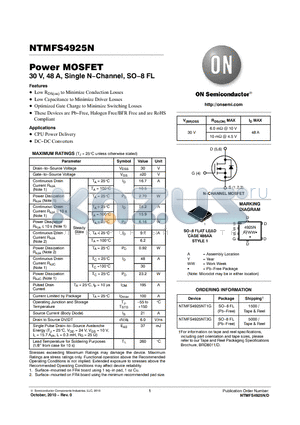 NTMFS4925NT1G datasheet - Power MOSFET 30 V, 48 A, Single NChannel, SO8 FL