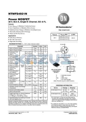 NTMFS4921NT3G datasheet - Power MOSFET 30 V, 58.5 A, Single N−Channel, SO−8 FL