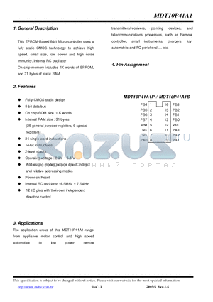 MDT10P41A1 datasheet - 8-bit Micro-controller