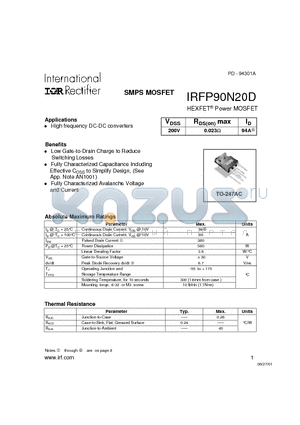 IRFP90N20D datasheet - Power MOSFET(Vdss=200V, Rds(on)max=0.023ohm, Id=94A)