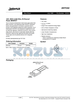 IRFP350 datasheet - 16A, 400V, 0.300 Ohm, N-Channel Power MOSFET