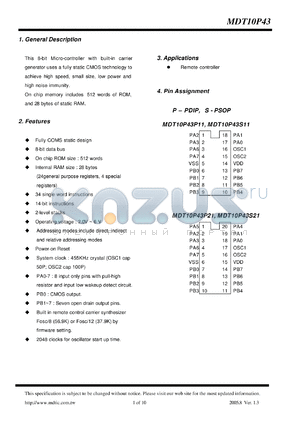 MDT10P43 datasheet - 8-bit Micro-controller