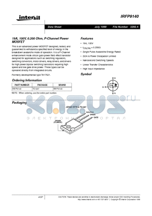 IRFP9140 datasheet - 19A, 100V, 0.200 Ohm, P-Channel Power MOSFET