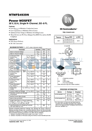 NTMFS4939NT3G datasheet - Power MOSFET 30 V, 53 A, Single N−Channel, SO−8 FL