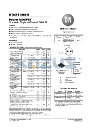 NTMFS4955NT1G datasheet - Power MOSFET 30 V, 48 A, Single NChannel, SO8 FL