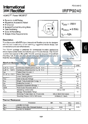 IRFP9240 datasheet - Power MOSFET(Vdss=-200V, Rds(on)=0.50ohm, Id=-12A)