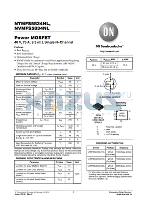 NTMFS5834NLT1G datasheet - 40 V, 75 A, 9.3 m, Single NChannel