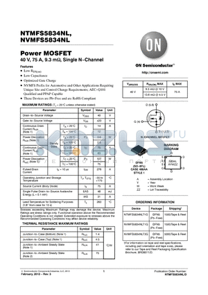 NTMFS5834NLT1G datasheet - Power MOSFET 40 V, 75 A, 9.3 m, Single N.Channel