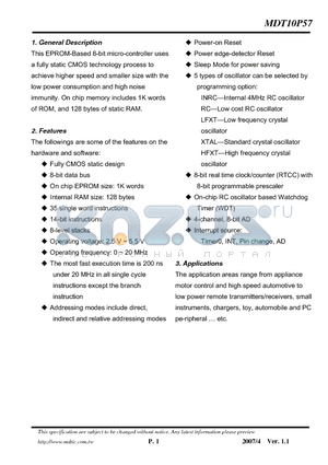 MDT10P57 datasheet - 8-bit micro-controller