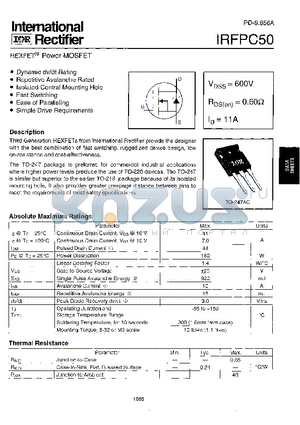IRFPC50 datasheet - Power MOSFET(Vdss=600V, Rds(on)=0.60ohm, Id=11A)