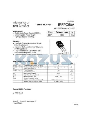 IRFPC50A datasheet - Power MOSFET(Vdss=600V, Rds(on)max=0.58ohm, Id=11A)
