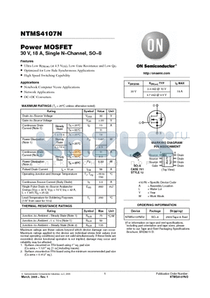 NTMS4107NR2 datasheet - Power MOSFET 30 V, 18 A, Single N−Channel, SO−8