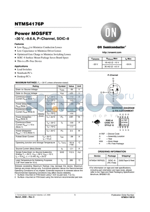 NTMS4176P datasheet - Power MOSFET -30 V, -9.6 A, P-Channel, SOIC-8