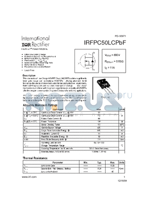 IRFPC50LCPBF datasheet - HEXFET Power MOSFET