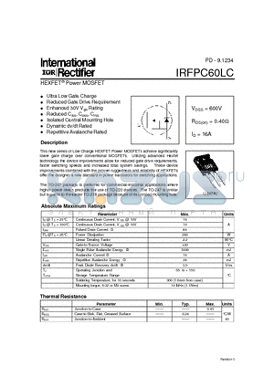 IRFPC60LC datasheet - Power MOSFET(Vdss=600V, Rds(on)=0.40ohm, Id=16A)