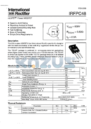 IRFPC48 datasheet - Power MOSFET(Vdss=600V, Rds(on)=0.82ohm, Id=8.9A)