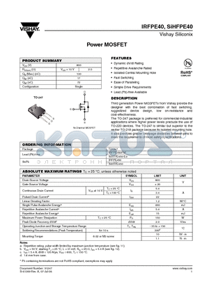 IRFPE40PBF datasheet - Power MOSFET