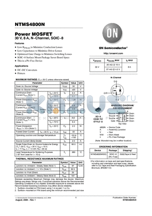 NTMS4800N datasheet - Power MOSFET 30 V, 8 A, N−Channel, SOIC−8
