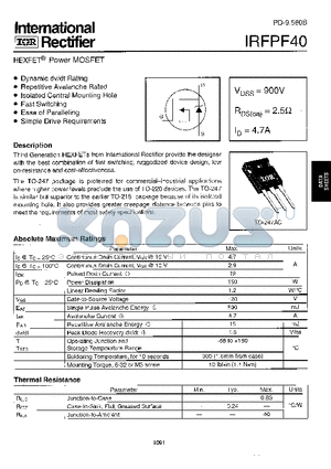 IRFPF40 datasheet - Power MOSFET(Vdss=900V, Rds(on)=2.5ohm, Id=4.7A)