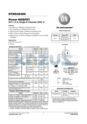 NTMS4840N datasheet - Power MOSFET 30 V, 7.5 A, Single N−Channel, SOIC−8