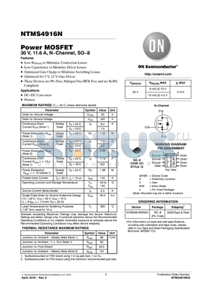 NTMS4916N datasheet - Power MOSFET 30 V, 11.6 A, NChannel, SO8 Low RDS(on) to Minimize Conduction Losses