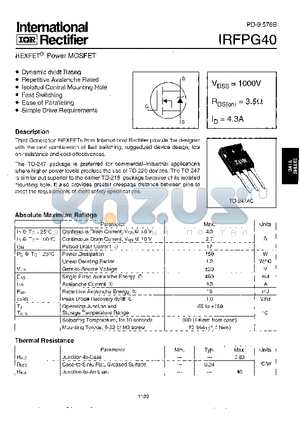 IRFPG40 datasheet - Power MOSFET(Vdss=1000V, Rds(on)=3.5ohm, Id=4.3A)