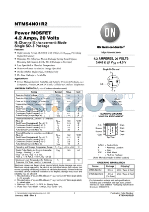 NTMS4N01R2G datasheet - Power MOSFET 4.2 Amps, 20 Volts N−Channel Enhancement−Mode Single SO−8 Package