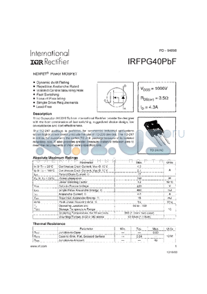 IRFPG40PBF datasheet - HEXFET POWER MOSFET ( VDSS = 1000V , RDS(on) = 3.5Y , ID = 4.3A )
