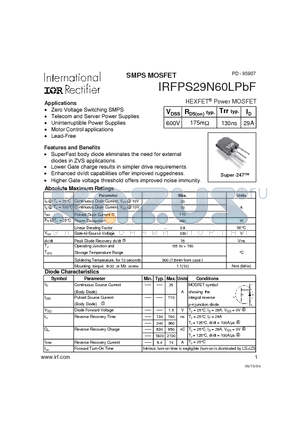 IRFPS29N60LPBF datasheet - SMPS MOSFET