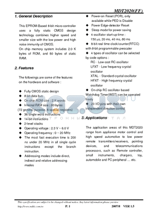 MDT2020FF datasheet - 8-bit micro-controller