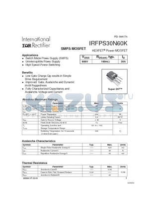 IRFPS30N60K datasheet - SMPS MOSFET