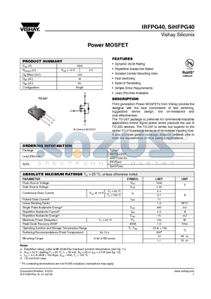 IRFPG40PBF datasheet - Power MOSFET