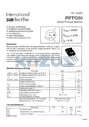 IRFPG50 datasheet - Power MOSFET(Vdss=1000V, Rds(on)=2.0ohm, Id=6.1A)