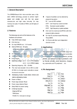 MDT2060 datasheet - 8-bit micro-controller uses a fully static CMOS design technology