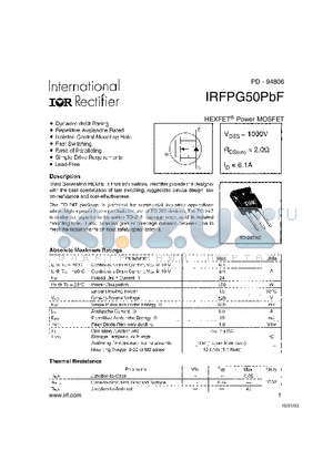 IRFPG50PBF datasheet - HEXFET Power MOSFET