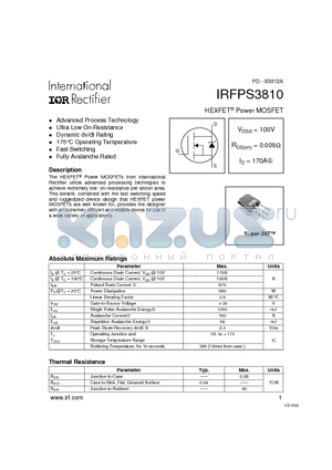 IRFPS3810 datasheet - Power MOSFET(Vdss=100V, Rds(on)=0.009ohm, Id=170A)