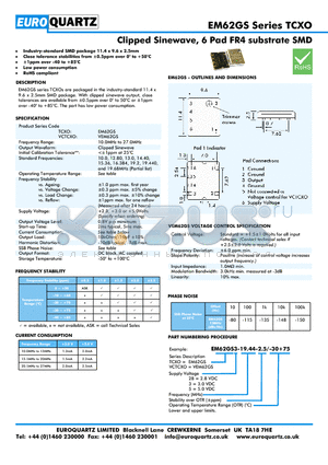 EM62GS28-19.44-2.5-30 datasheet - Clipped Sinewave, 6 Pad FR4 substrate SMD