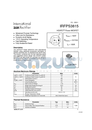 IRFPS3815 datasheet - Power MOSFET(Vdss=150V, Rds(on)=0.015ohm, Id=105A)
