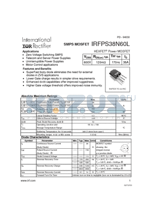 IRFPS38N60L datasheet - SMPS MOSFET